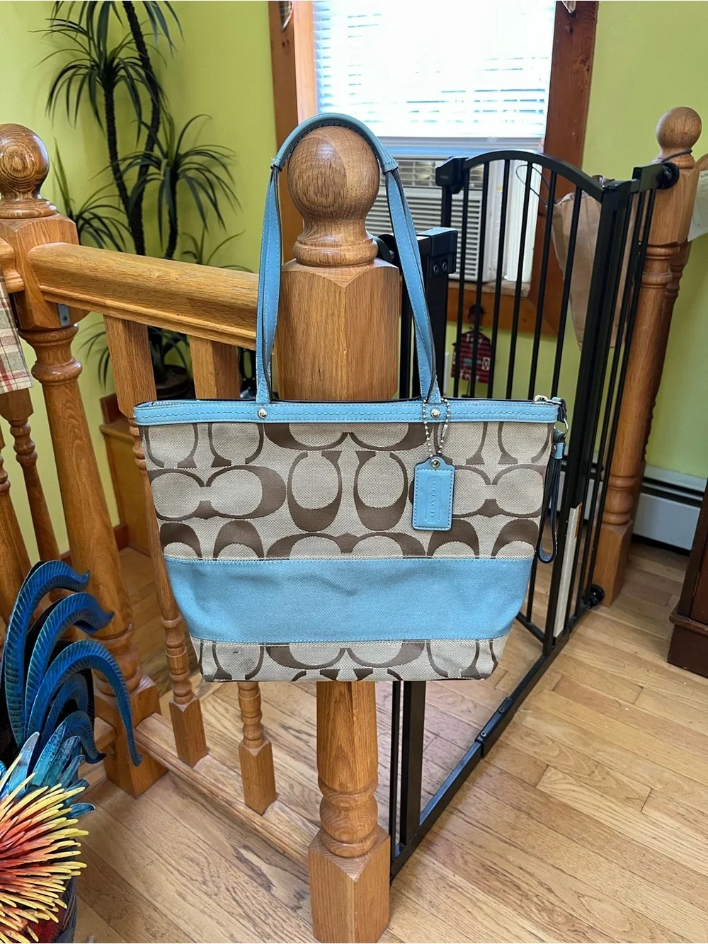 Coach Brown Signature Canvas Tote with Light Blue Trim